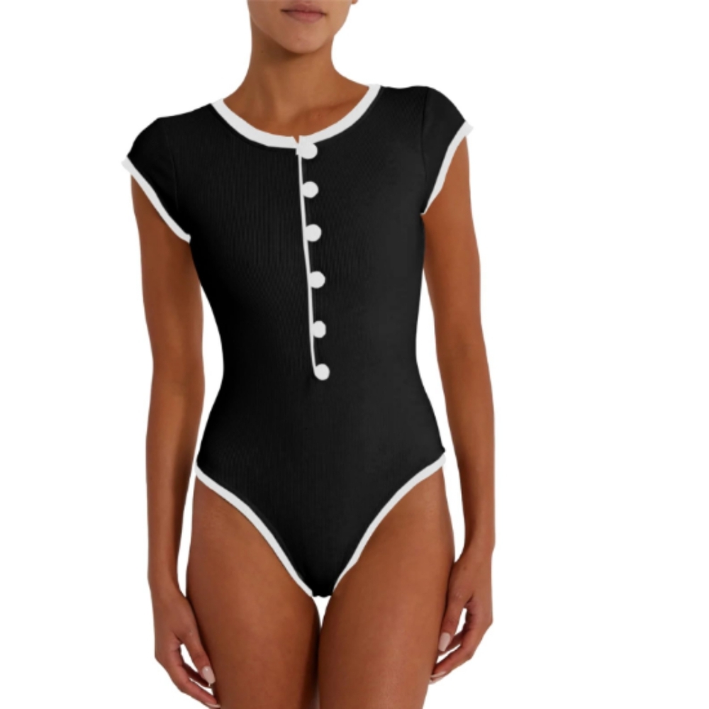 Fisoew Womens One Piece Swimsuits Zip Front High Cut Ribbed Modest Color Block